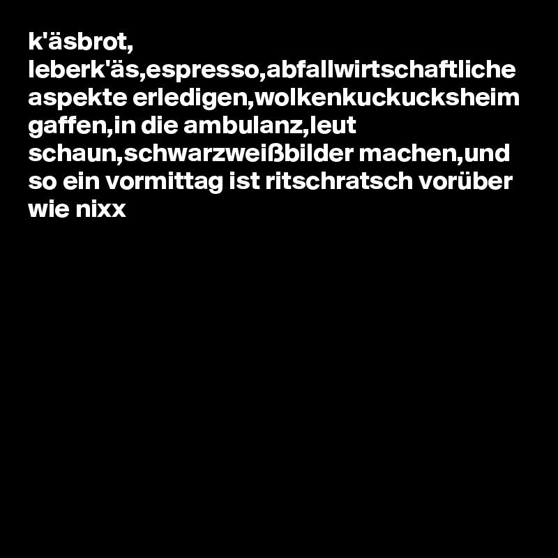 k'äsbrot, leberk'äs,espresso,abfallwirtschaftliche aspekte erledigen,wolkenkuckucksheim gaffen,in die ambulanz,leut schaun,schwarzweißbilder machen,und so ein vormittag ist ritschratsch vorüber wie nixx