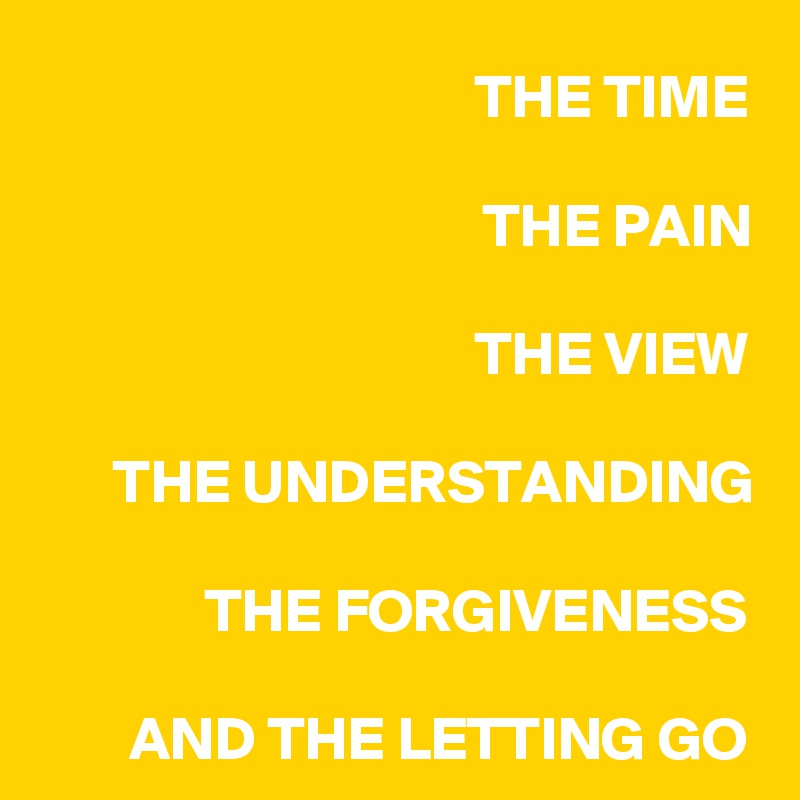 THE TIME

THE PAIN

THE VIEW

THE UNDERSTANDING

THE FORGIVENESS

AND THE LETTING GO