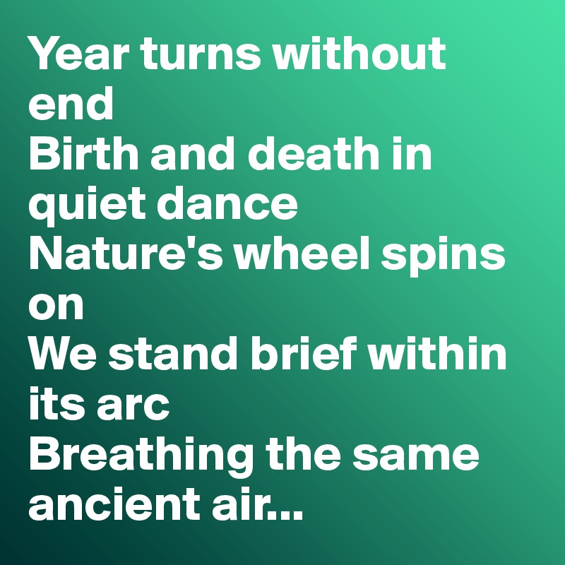 Year turns without end
Birth and death in quiet dance
Nature's wheel spins on
We stand brief within its arc
Breathing the same ancient air...