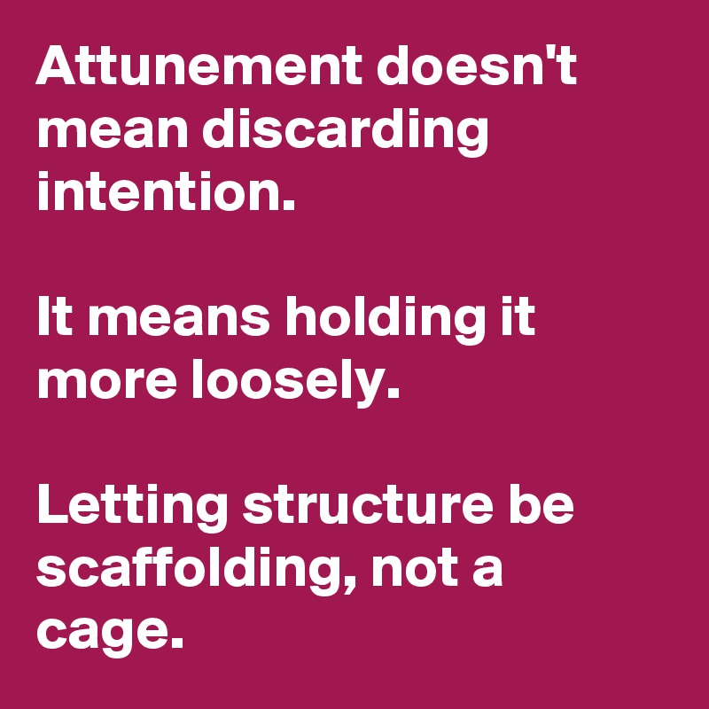 Attunement doesn't mean discarding intention.

It means holding it more loosely.

Letting structure be scaffolding, not a cage.