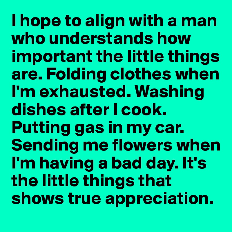 I hope to align with a man who understands how important the little things are. Folding clothes when I'm exhausted. Washing dishes after I cook. Putting gas in my car. Sending me flowers when I'm having a bad day. It's the little things that shows true appreciation.