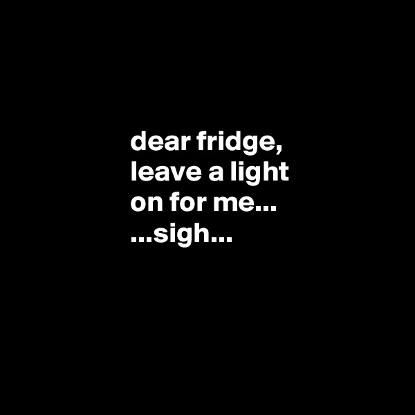 


                   dear fridge, 
                   leave a light 
                   on for me...
                   ...sigh...




