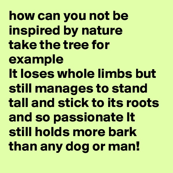 how can you not be inspired by nature
take the tree for example 
It loses whole limbs but still manages to stand tall and stick to its roots and so passionate It still holds more bark than any dog or man!