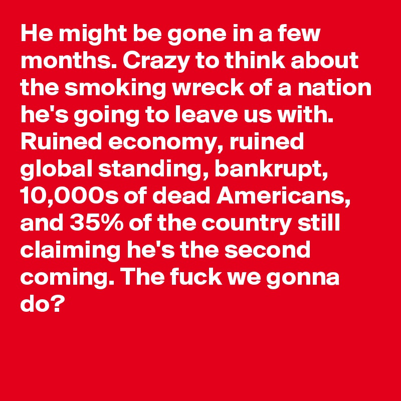 He might be gone in a few months. Crazy to think about the smoking wreck of a nation he's going to leave us with. Ruined economy, ruined global standing, bankrupt, 10,000s of dead Americans, and 35% of the country still claiming he's the second coming. The fuck we gonna do?
