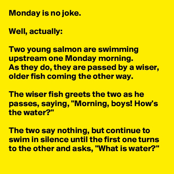 Monday is no joke.

Well, actually:

Two young salmon are swimming upstream one Monday morning.            As they do, they are passed by a wiser, older fish coming the other way.

The wiser fish greets the two as he passes, saying, "Morning, boys! How's the water?"

The two say nothing, but continue to swim in silence until the first one turns to the other and asks, "What is water?"