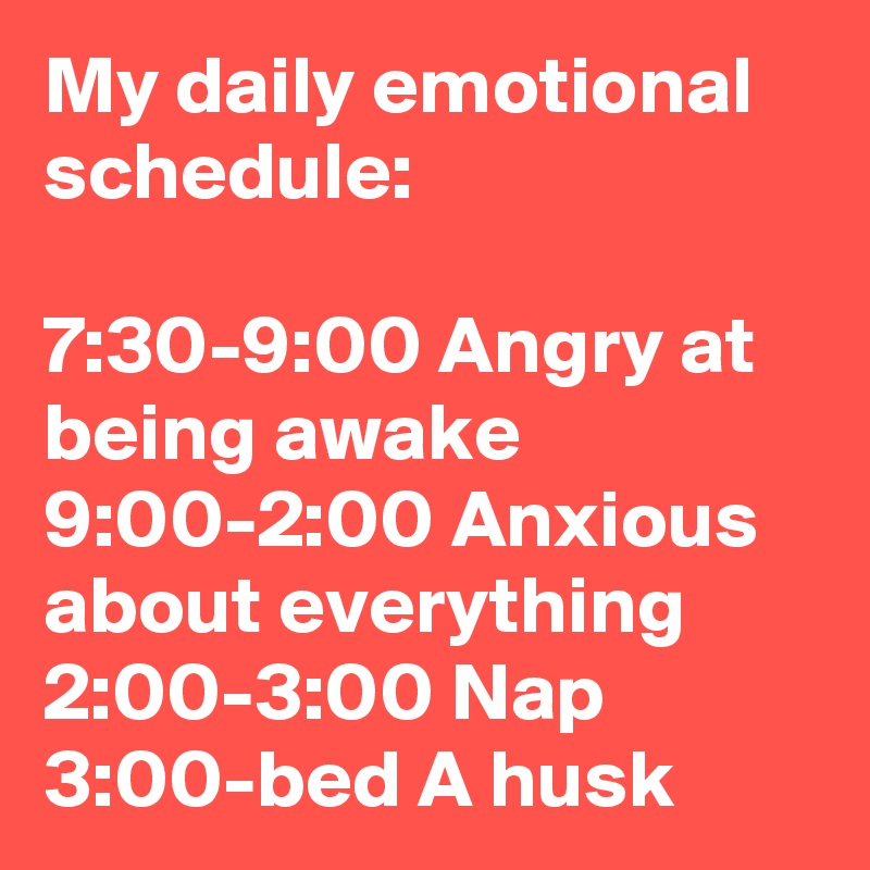 My daily emotional schedule:

7:30-9:00 Angry at being awake
9:00-2:00 Anxious about everything
2:00-3:00 Nap
3:00-bed A husk