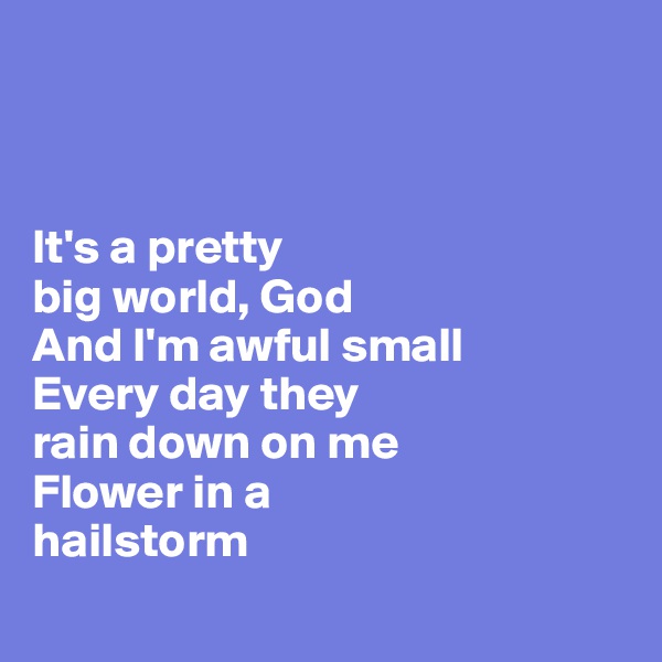 



It's a pretty 
big world, God
And I'm awful small
Every day they 
rain down on me
Flower in a 
hailstorm
