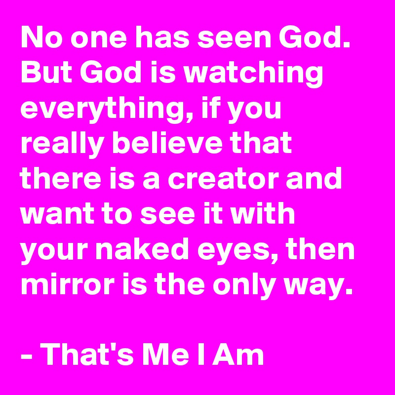 No one has seen God.  But God is watching everything, if you really believe that there is a creator and want to see it with your naked eyes, then mirror is the only way.

- That's Me I Am