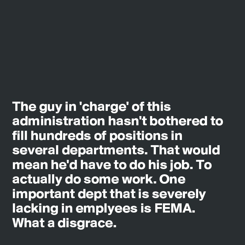 





The guy in 'charge' of this administration hasn't bothered to fill hundreds of positions in several departments. That would mean he'd have to do his job. To actually do some work. One important dept that is severely lacking in emplyees is FEMA. What a disgrace.