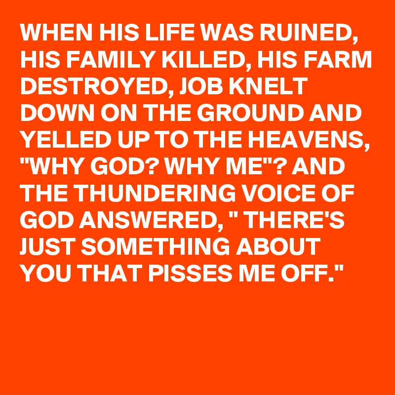 WHEN HIS LIFE WAS RUINED,  HIS FAMILY KILLED, HIS FARM DESTROYED, JOB KNELT DOWN ON THE GROUND AND YELLED UP TO THE HEAVENS, "WHY GOD? WHY ME"? AND THE THUNDERING VOICE OF GOD ANSWERED, " THERE'S JUST SOMETHING ABOUT YOU THAT PISSES ME OFF."

