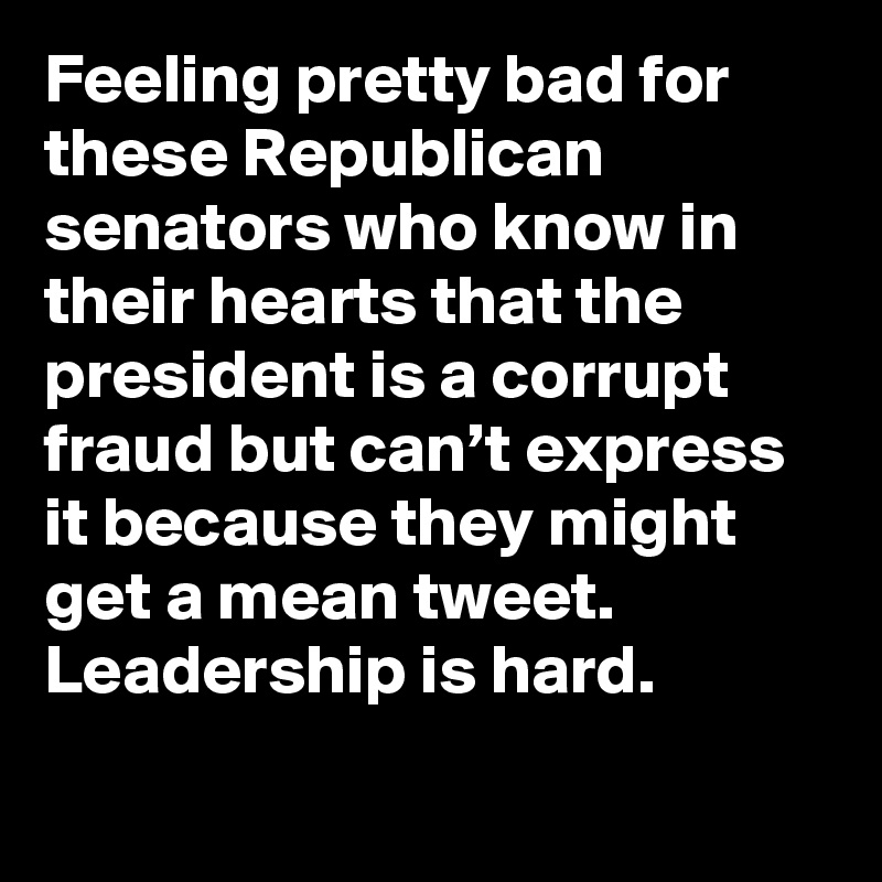 Feeling pretty bad for these Republican senators who know in their hearts that the president is a corrupt fraud but can’t express it because they might get a mean tweet. Leadership is hard.