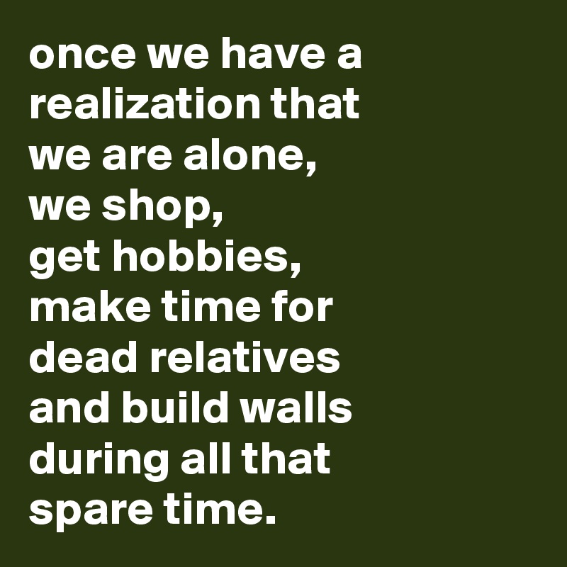 once we have a
realization that
we are alone,
we shop,
get hobbies,
make time for
dead relatives
and build walls
during all that
spare time.