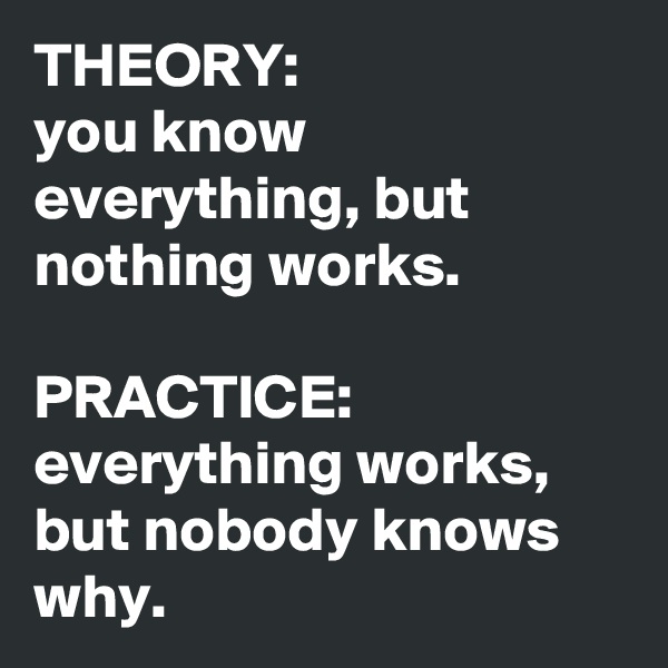 THEORY: 
you know everything, but nothing works. 

PRACTICE: 
everything works,  but nobody knows why. 