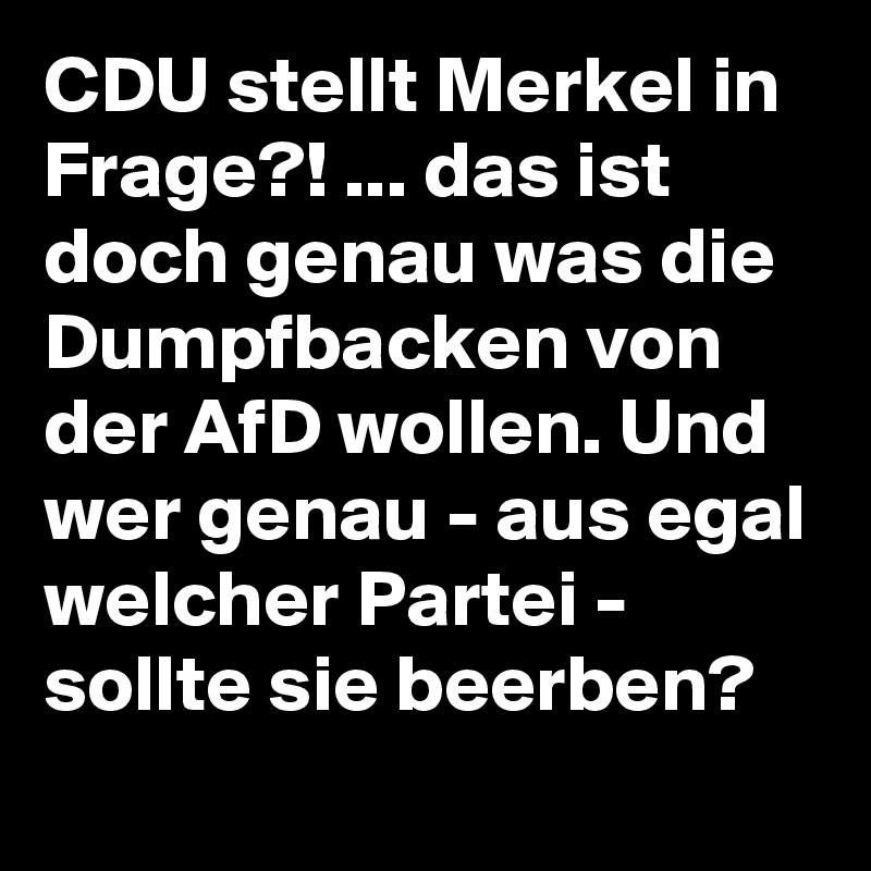 CDU stellt Merkel in Frage?! ... das ist doch genau was die Dumpfbacken von der AfD wollen. Und wer genau - aus egal welcher Partei - sollte sie beerben?