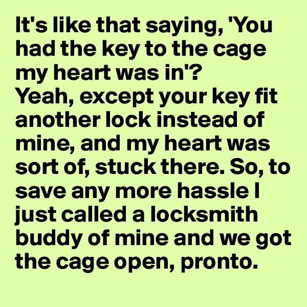 It's like that saying, 'You had the key to the cage my heart was in'? 
Yeah, except your key fit another lock instead of mine, and my heart was sort of, stuck there. So, to save any more hassle I just called a locksmith buddy of mine and we got the cage open, pronto. 