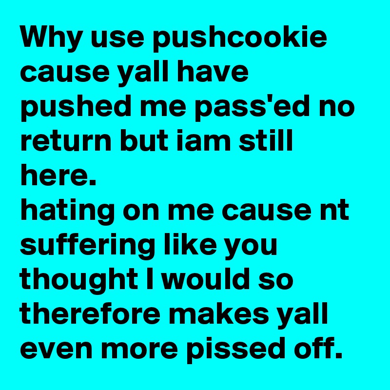 Why use pushcookie cause yall have pushed me pass'ed no return but iam still here.
hating on me cause nt suffering like you thought I would so therefore makes yall even more pissed off.