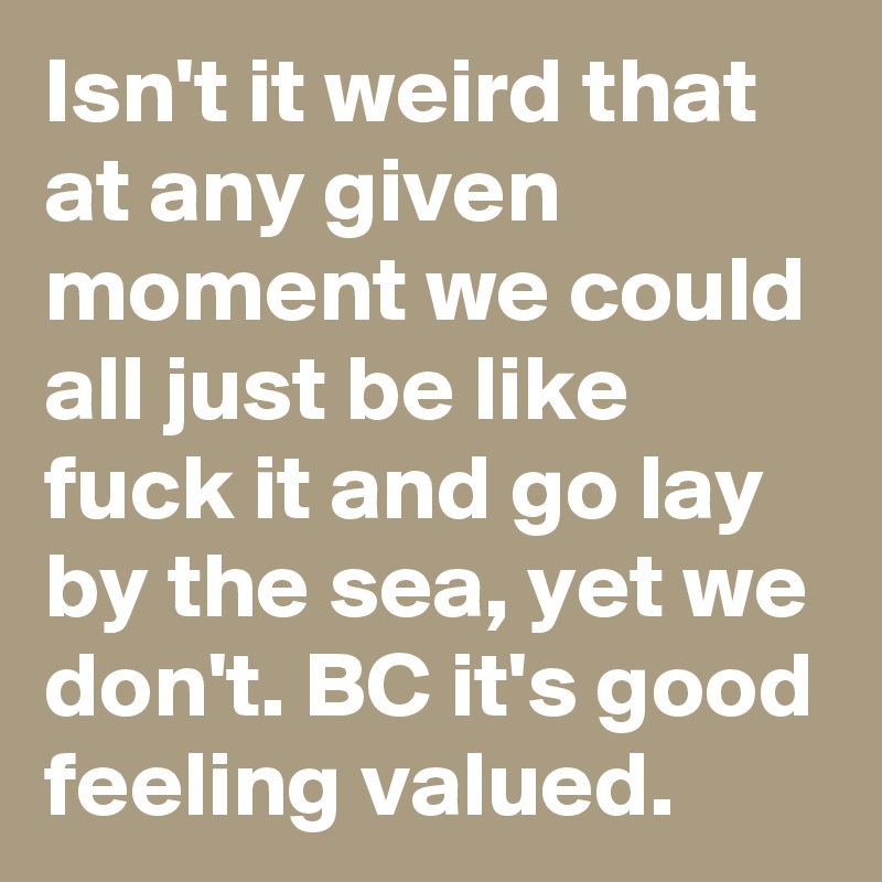 Isn't it weird that at any given moment we could all just be like fuck it and go lay by the sea, yet we don't. BC it's good feeling valued.