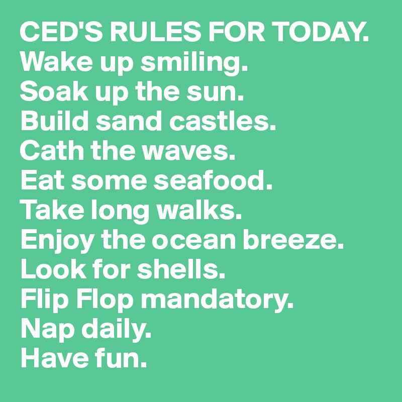 CED'S RULES FOR TODAY.
Wake up smiling.
Soak up the sun.
Build sand castles.
Cath the waves.
Eat some seafood.
Take long walks.
Enjoy the ocean breeze.
Look for shells.
Flip Flop mandatory.
Nap daily.
Have fun.