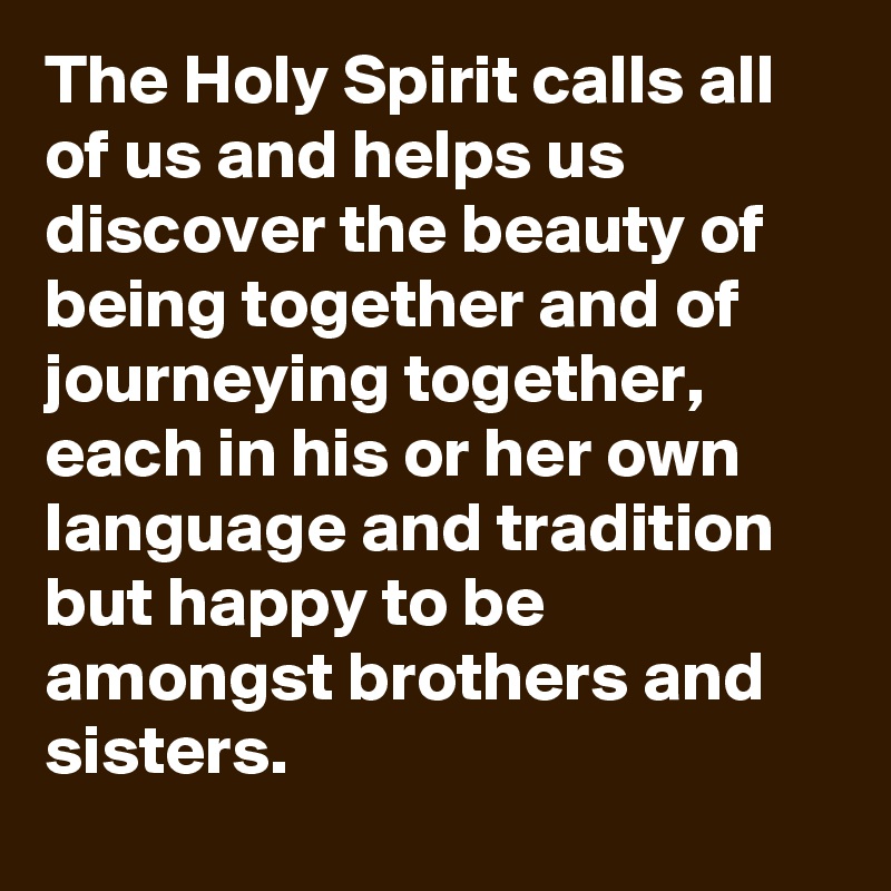 The Holy Spirit calls all of us and helps us discover the beauty of being together and of journeying together, each in his or her own language and tradition but happy to be amongst brothers and sisters.