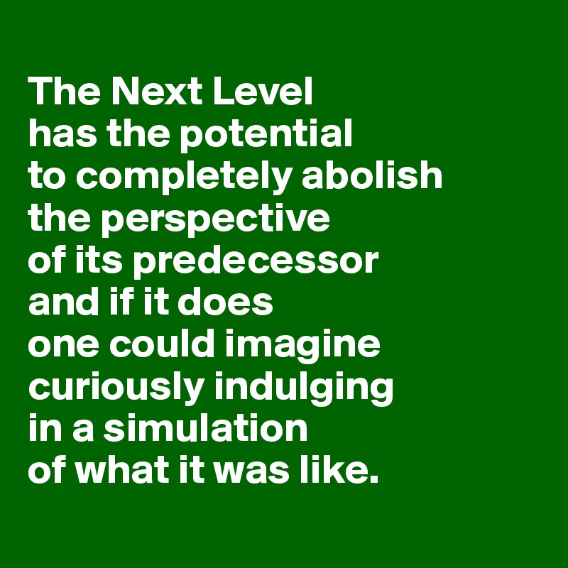 
The Next Level 
has the potential 
to completely abolish 
the perspective 
of its predecessor 
and if it does 
one could imagine curiously indulging 
in a simulation 
of what it was like.
