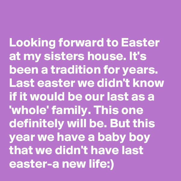 

Looking forward to Easter at my sisters house. It's been a tradition for years. Last easter we didn't know if it would be our last as a 'whole' family. This one definitely will be. But this year we have a baby boy that we didn't have last easter-a new life:)