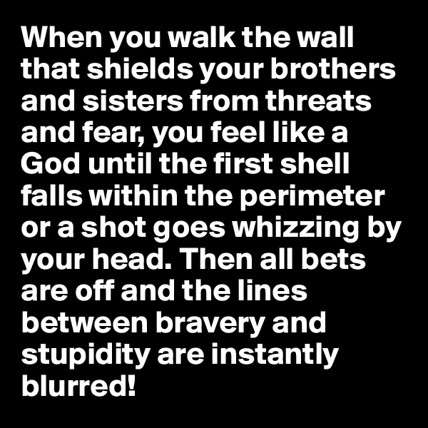When you walk the wall that shields your brothers and sisters from threats and fear, you feel like a God until the first shell falls within the perimeter or a shot goes whizzing by your head. Then all bets are off and the lines between bravery and stupidity are instantly blurred!