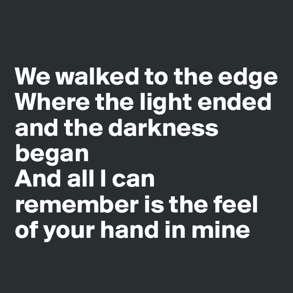

We walked to the edge
Where the light ended and the darkness began
And all I can remember is the feel of your hand in mine
