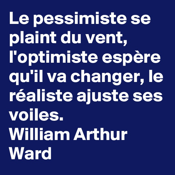 Le pessimiste se plaint du vent, l'optimiste espère qu'il va changer, le réaliste ajuste ses voiles. 
William Arthur Ward