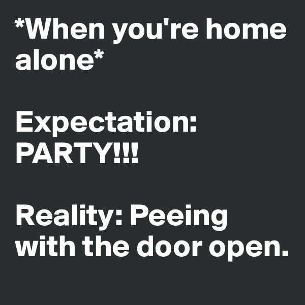 *When you're home alone* 

Expectation: PARTY!!!

Reality: Peeing with the door open.