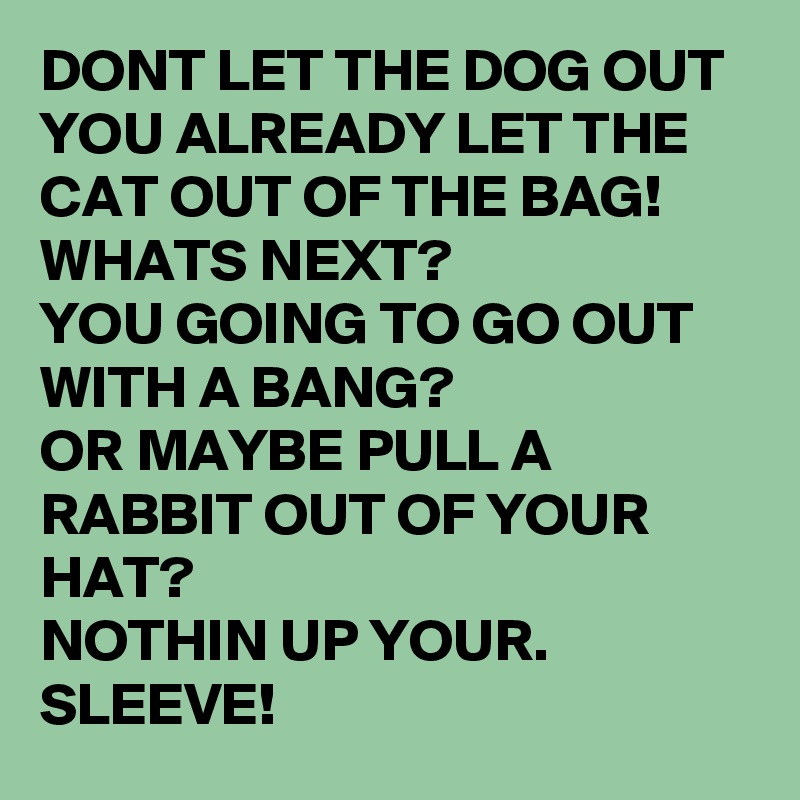 DONT LET THE DOG OUT 
YOU ALREADY LET THE CAT OUT OF THE BAG!
WHATS NEXT?
YOU GOING TO GO OUT WITH A BANG?
OR MAYBE PULL A RABBIT OUT OF YOUR HAT?
NOTHIN UP YOUR.          SLEEVE! 