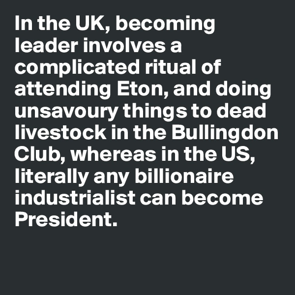 In the UK, becoming leader involves a complicated ritual of attending Eton, and doing unsavoury things to dead livestock in the Bullingdon Club, whereas in the US, literally any billionaire industrialist can become President. 

