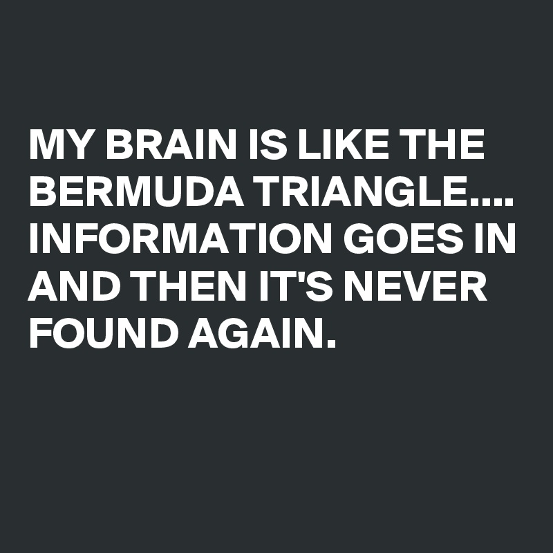 

MY BRAIN IS LIKE THE BERMUDA TRIANGLE.... 
INFORMATION GOES IN AND THEN IT'S NEVER FOUND AGAIN. 



