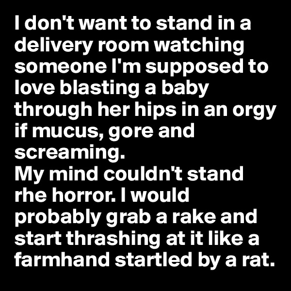 I don't want to stand in a delivery room watching someone I'm supposed to love blasting a baby through her hips in an orgy if mucus, gore and screaming. 
My mind couldn't stand rhe horror. I would probably grab a rake and start thrashing at it like a farmhand startled by a rat.