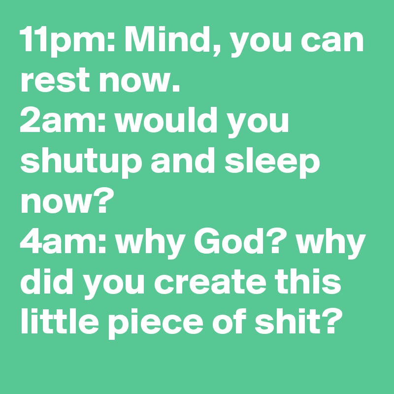 11pm: Mind, you can rest now.
2am: would you shutup and sleep now?
4am: why God? why did you create this little piece of shit? 