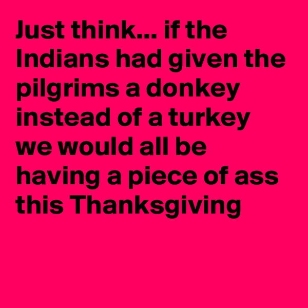 Just think... if the Indians had given the pilgrims a donkey instead of a turkey we would all be having a piece of ass this Thanksgiving

