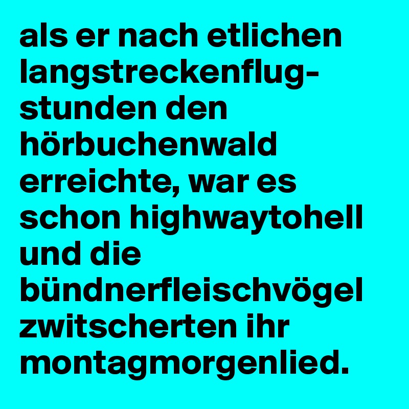 als er nach etlichen langstreckenflug-stunden den hörbuchenwald erreichte, war es schon highwaytohell und die bündnerfleischvögel zwitscherten ihr montagmorgenlied.