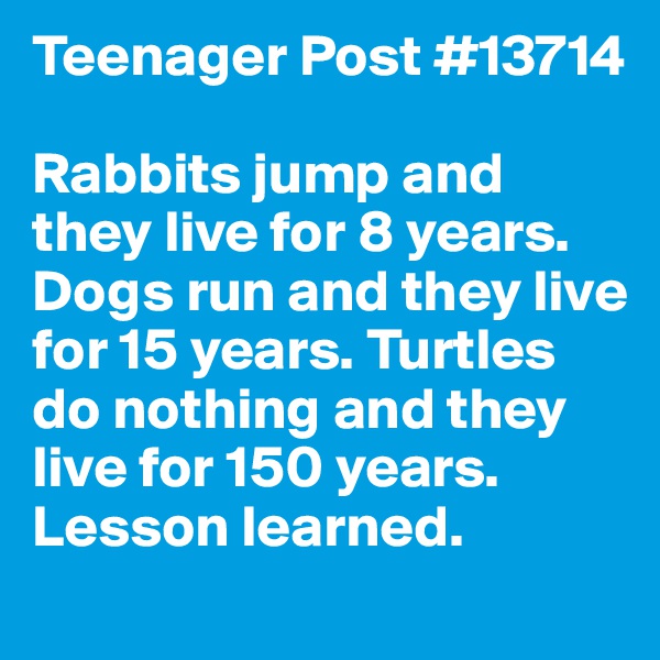 Teenager Post #13714

Rabbits jump and they live for 8 years. Dogs run and they live for 15 years. Turtles do nothing and they live for 150 years. Lesson learned.
