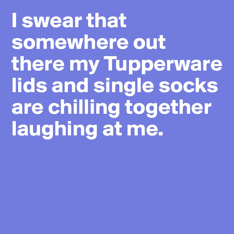 I swear that somewhere out there my Tupperware lids and single socks are chilling together laughing at me.


