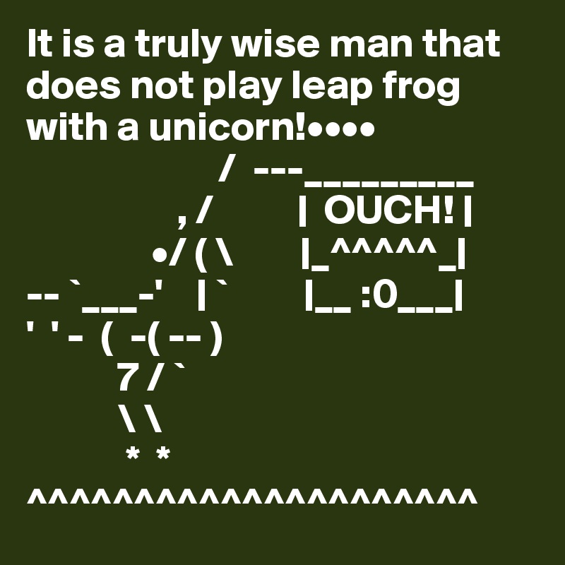 It is a truly wise man that does not play leap frog with a unicorn!••••              
                       /  ---_________
                  , /          |  OUCH! |
               •/ ( \        |_^^^^^_|
-- `___-'    | `         |__ :0___|
'  ' -  (  -( -- )
           7 / `
           \ \
            *  *
^^^^^^^^^^^^^^^^^^^^^