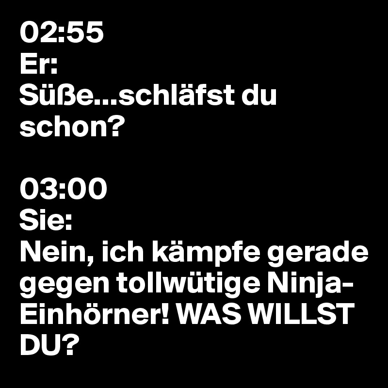 02:55
Er: 
Süße...schläfst du schon? 

03:00
Sie:
Nein, ich kämpfe gerade gegen tollwütige Ninja-Einhörner! WAS WILLST DU?