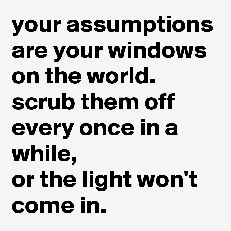 your assumptions are your windows on the world.
scrub them off every once in a while,
or the light won't come in.