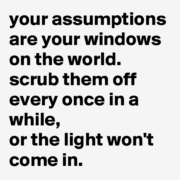 your assumptions are your windows on the world.
scrub them off every once in a while,
or the light won't come in.