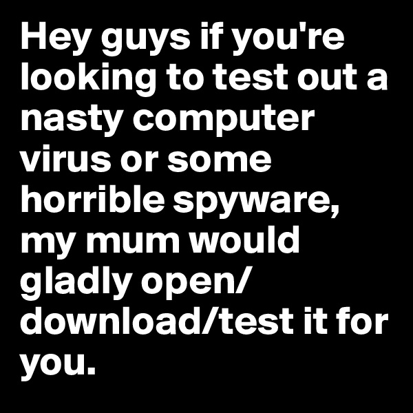 Hey guys if you're looking to test out a nasty computer virus or some horrible spyware, my mum would gladly open/download/test it for you.
