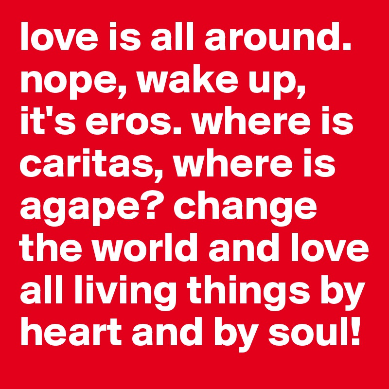 love is all around. nope, wake up, it's eros. where is caritas, where is agape? change the world and love all living things by heart and by soul!