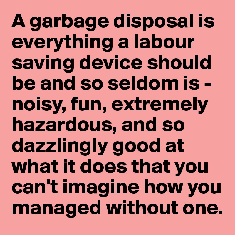 A garbage disposal is everything a labour saving device should be and so seldom is - noisy, fun, extremely hazardous, and so dazzlingly good at what it does that you can't imagine how you managed without one.