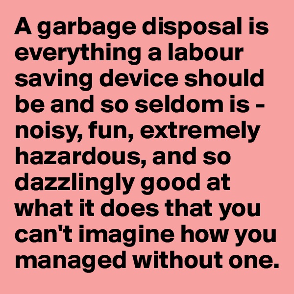 A garbage disposal is everything a labour saving device should be and so seldom is - noisy, fun, extremely hazardous, and so dazzlingly good at what it does that you can't imagine how you managed without one.