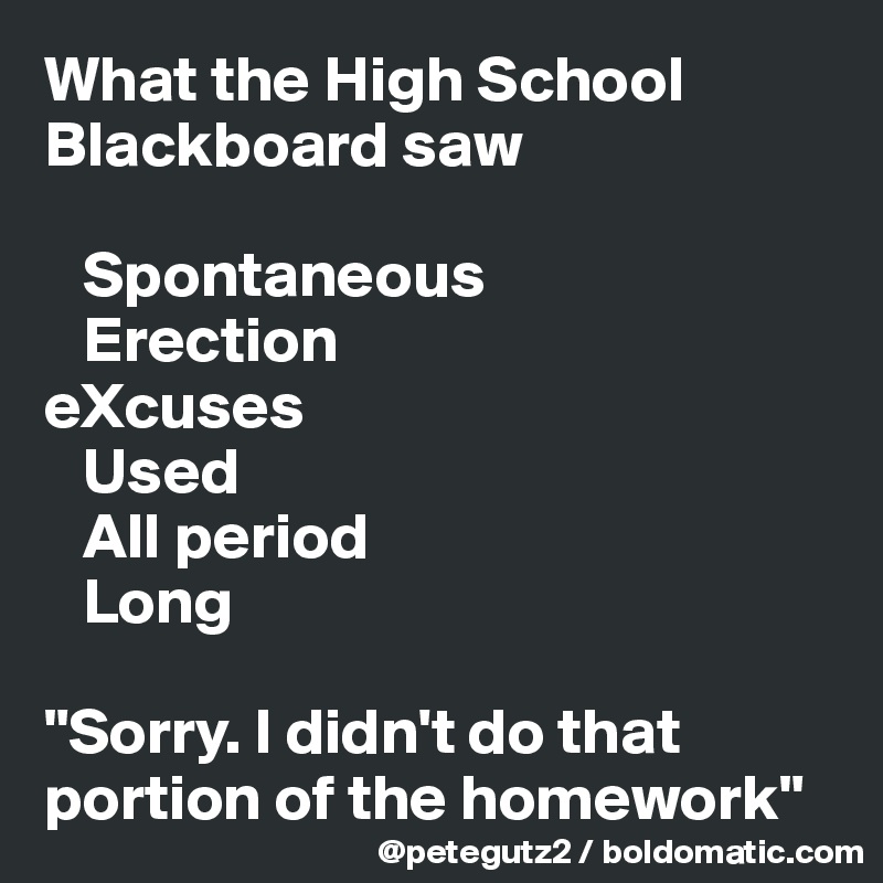What the High School Blackboard saw

   Spontaneous
   Erection
eXcuses
   Used
   All period
   Long

"Sorry. I didn't do that portion of the homework"