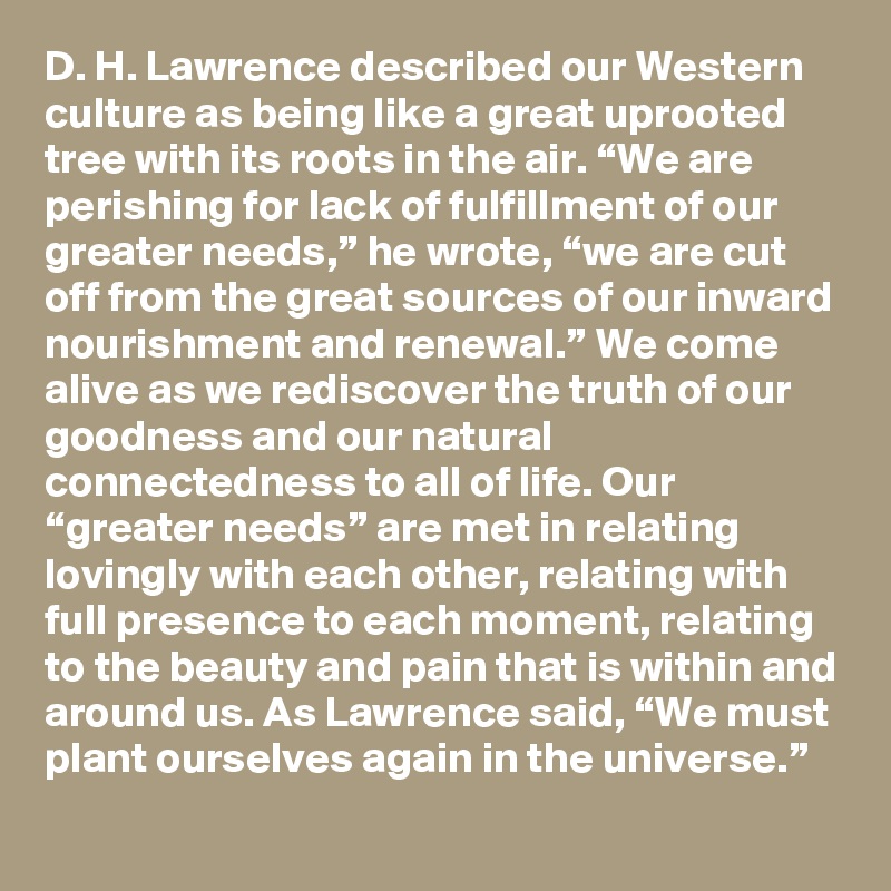 D. H. Lawrence described our Western culture as being like a great uprooted tree with its roots in the air. “We are perishing for lack of fulfillment of our greater needs,” he wrote, “we are cut off from the great sources of our inward nourishment and renewal.” We come alive as we rediscover the truth of our goodness and our natural connectedness to all of life. Our “greater needs” are met in relating lovingly with each other, relating with full presence to each moment, relating to the beauty and pain that is within and around us. As Lawrence said, “We must plant ourselves again in the universe.”