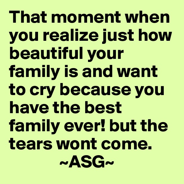 That moment when you realize just how beautiful your family is and want to cry because you have the best family ever! but the tears wont come.
              ~ASG~