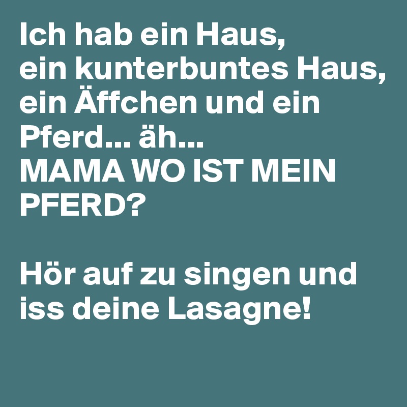 Ich hab ein Haus,
ein kunterbuntes Haus,
ein Äffchen und ein Pferd... äh...
MAMA WO IST MEIN PFERD?

Hör auf zu singen und iss deine Lasagne!
